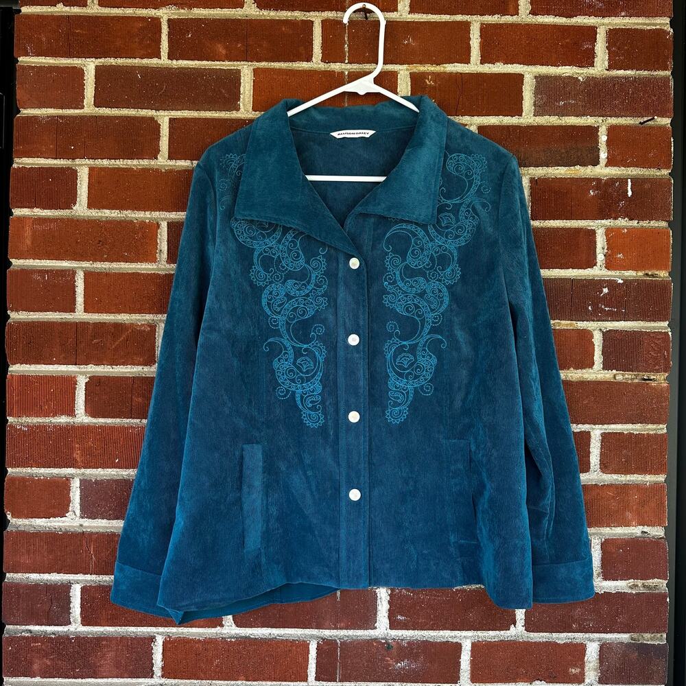 Allison Daley Teal Embroidered Corduroy Jacket Button Front